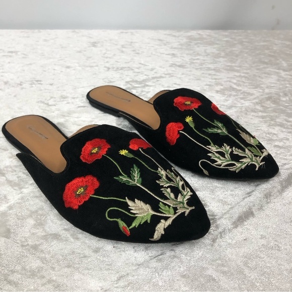 Nubia Black Suede Floral Embroidered Pointed-Toe Mules - Picture 2 of 7